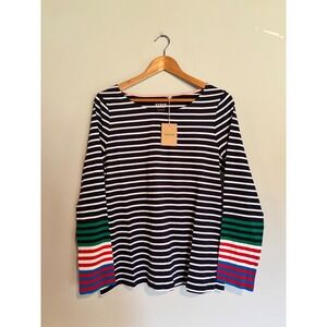 Boden Striped Long Sleeve Top Rainbow Cuffs Navy White US 12